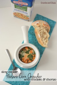 Slow Cooker Poblano Corn Chowder | Crumbs and Chaos A warm comforting bowl of goodness ready when you come home after a long day. #crockpot #soup #chowder www.crumbsandchaos.dreamhosters.com