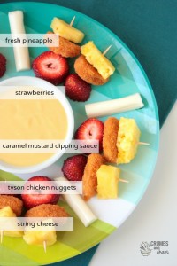 Chicken & Fruit Kabobs with Sweet Caramel Mustard Dipping Sauce | Crumbs and Chaos #kidfriendly #SpringtimeNuggets #lunch www.crumbsandchaos.dreamhosters.com