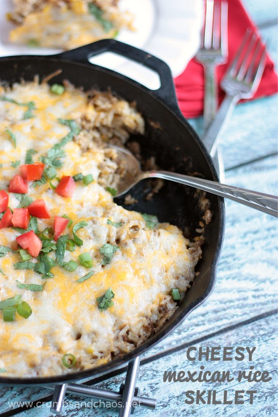 Cheesy Mexican Rice Skillet | recipe on www.crumbsandchaos.dreamhosters.com